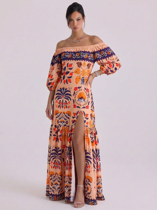 Vestido largo de algodón con hombros descubiertos, bordado y ribete de borlas