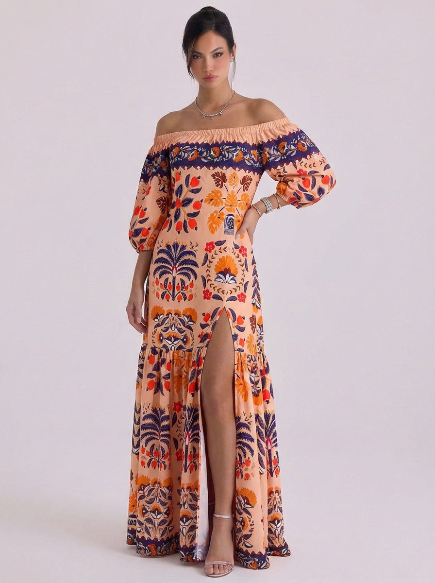 Katoenen off-shoulder geborduurde maxi-jurk met kwastjes