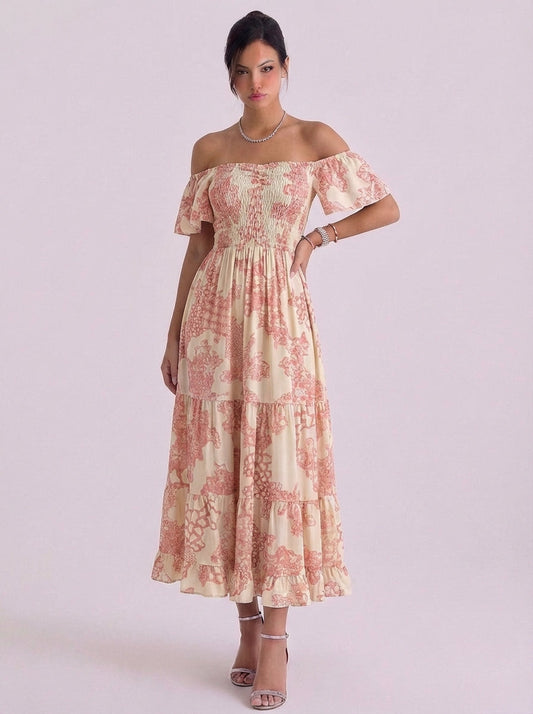 Katoenen off-shoulder bloemen maxi-jurk met gesmokt lijfje