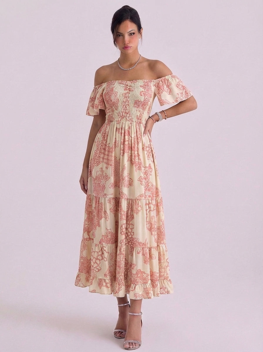 Schulterfreies Maxikleid aus Baumwolle mit Blumenmuster und gesmoktem Oberteil
