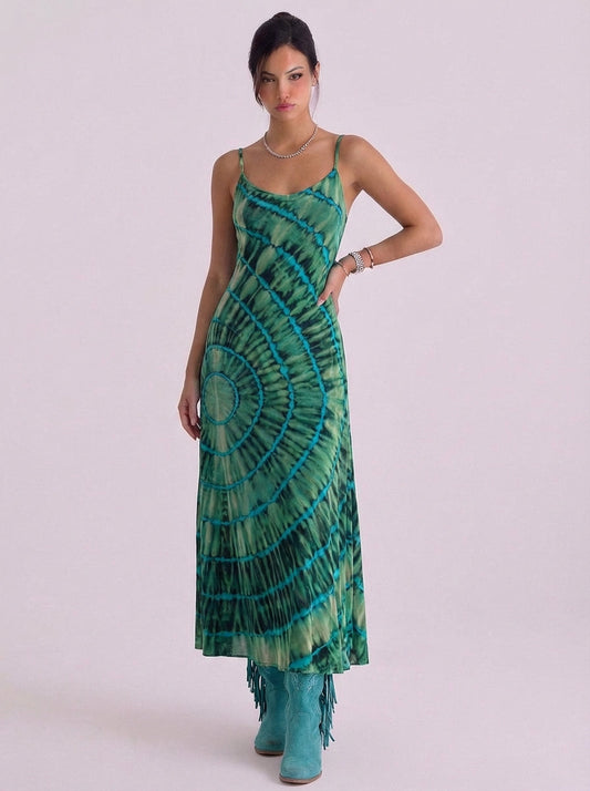 Vestido largo de algodón ombré con corpiño fruncido