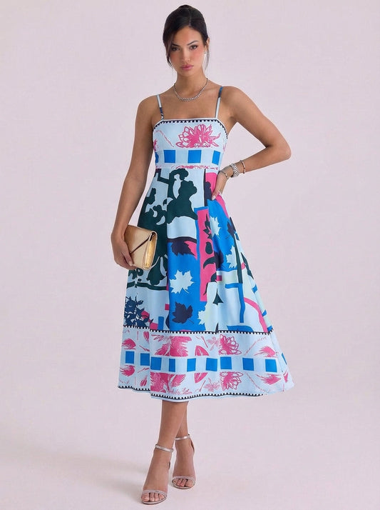 Vestido midi con vuelo y ajuste estampado de algodón