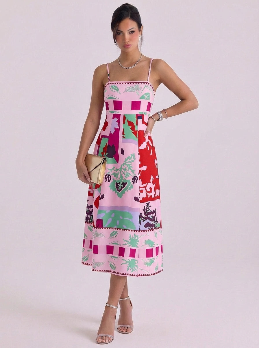 Abito midi aderente e svasato stampato in cotone