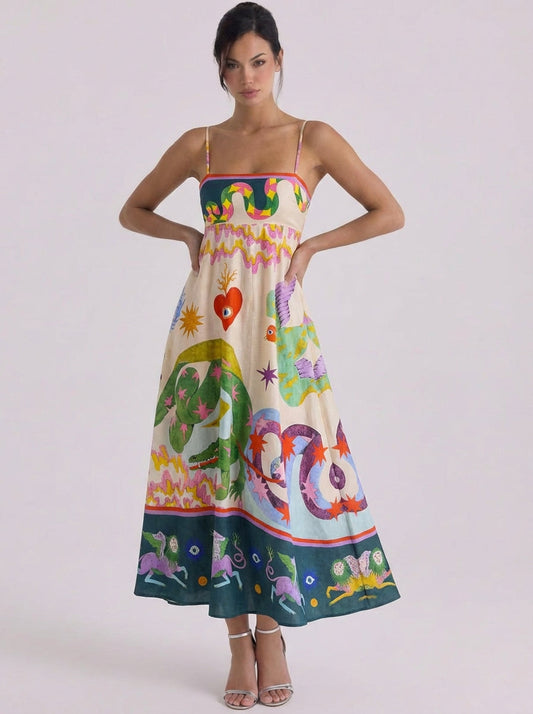 Vestido largo de algodón estampado con motivo de serpiente