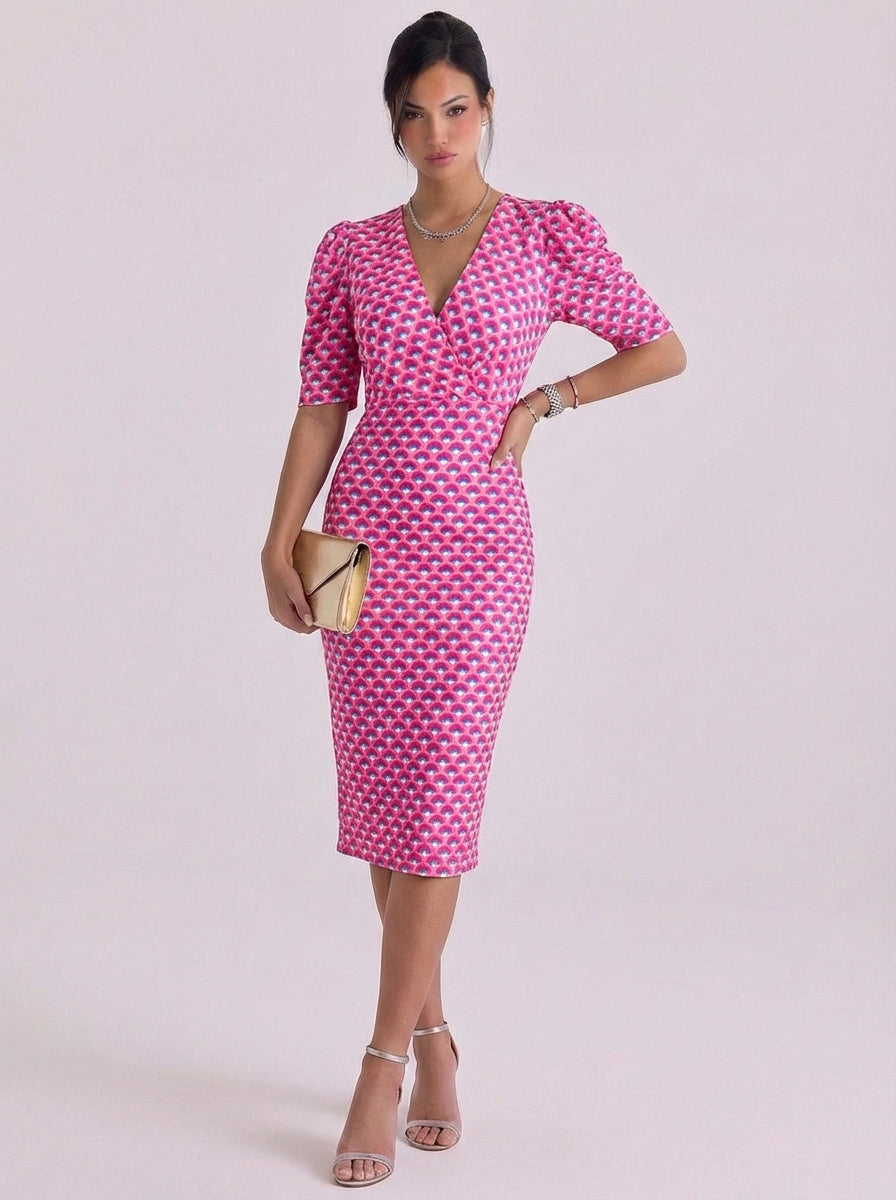 Abito midi stampato con maniche a sbuffo in cotone