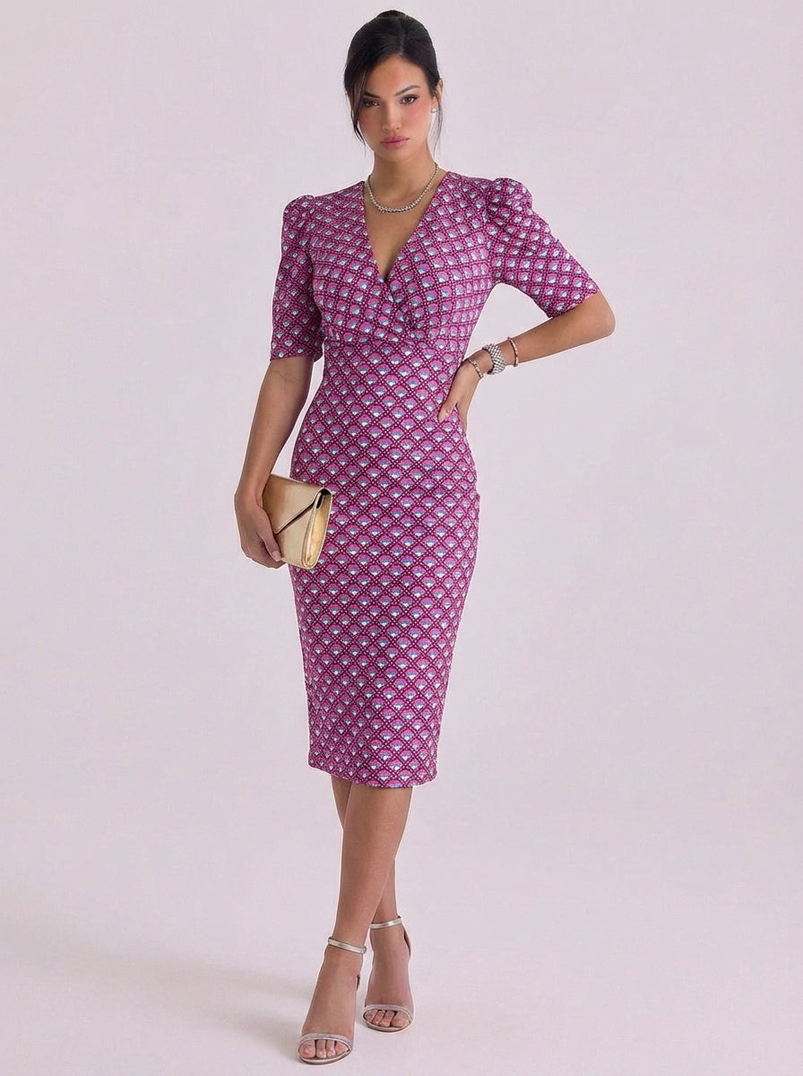 Abito midi stampato con maniche a sbuffo in cotone