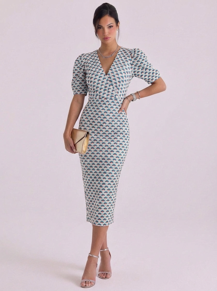 Abito midi stampato con maniche a sbuffo in cotone