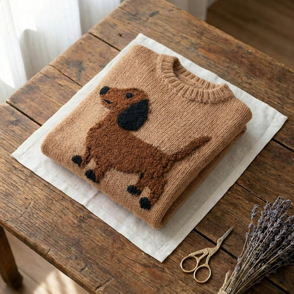 Baumwollpullover mit Dackel und rosa Schleife