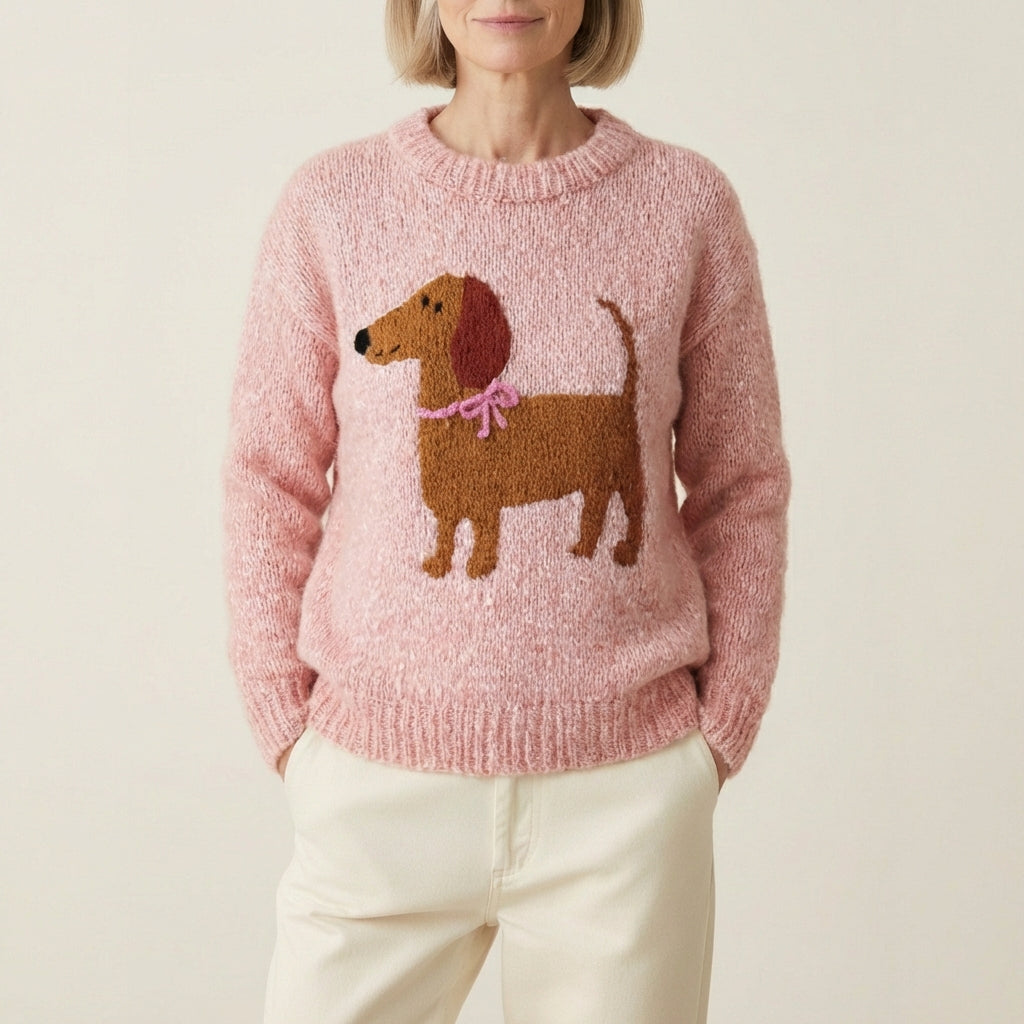 Baumwollpullover mit Dackel und rosa Schleife