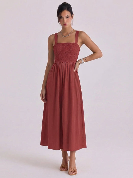 Abito midi con scollo all'americana in cotone smock