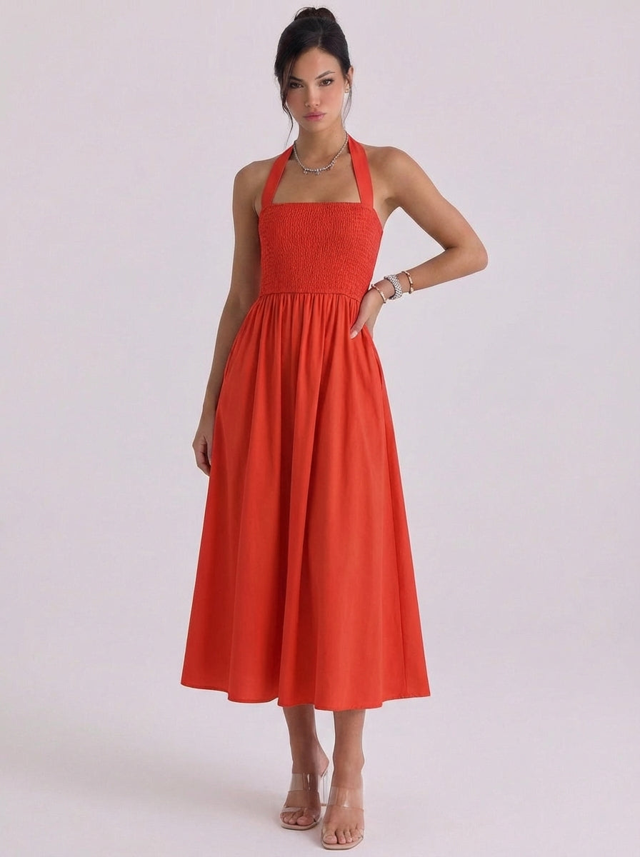 Gesmoktes Neckholder-Midikleid aus Baumwolle