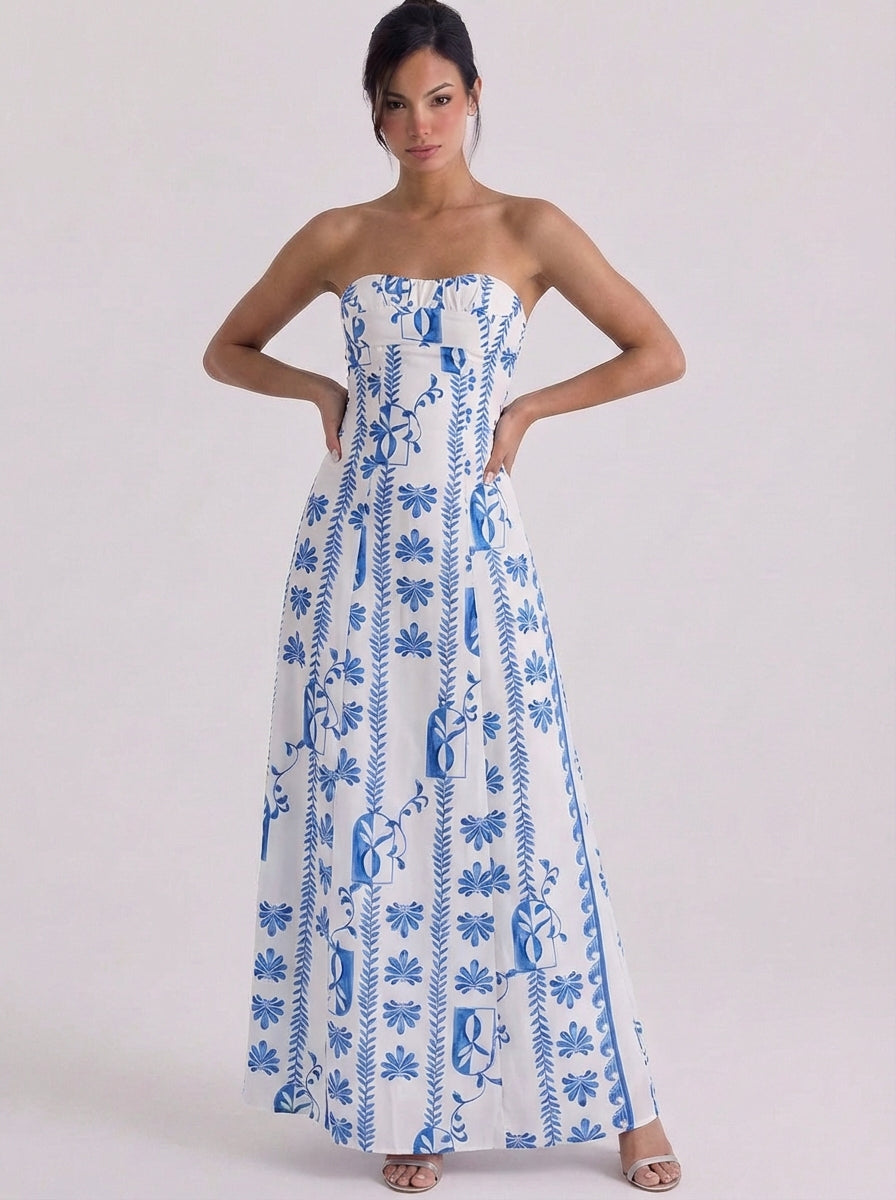 Katoenen strapless geborduurde maxi-jurk