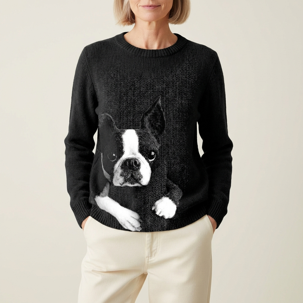 Maglione in cotone nero con disegno Boston Terrier