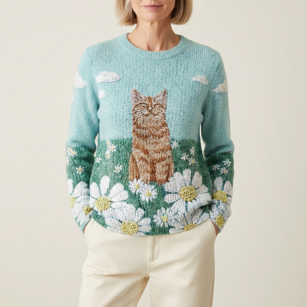 Baumwollpullover in Blau mit Katzen- und Gänseblümchen-Wiesen-Design