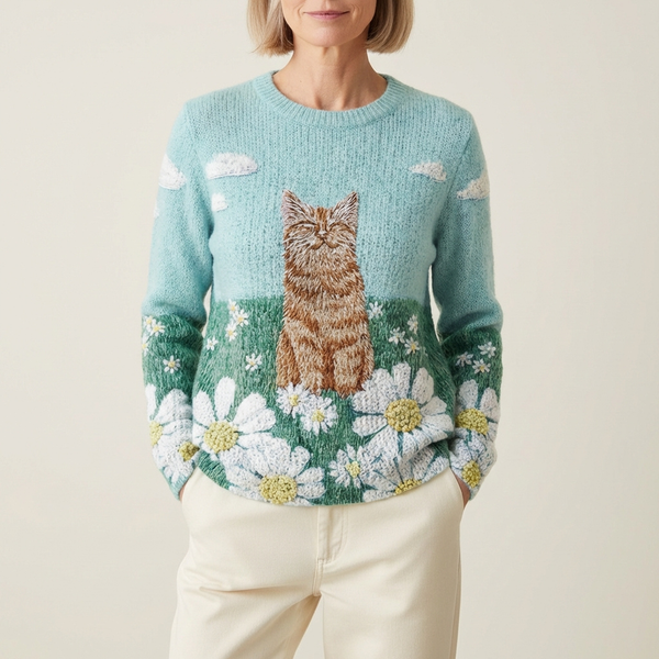Pull en coton bleu avec motif chat et marguerite Meadow