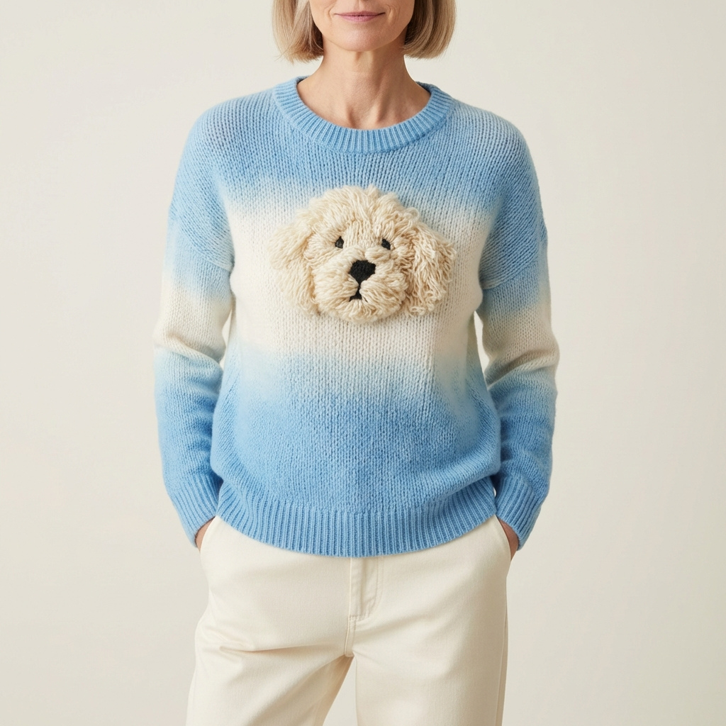Maglione In Cotone Blu Con Disegno Goldendoodle