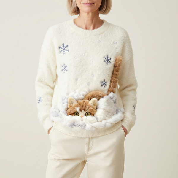 Jersey De Algodón Crema Con Diseño De Gato En Nieve Y Copo De Nieve