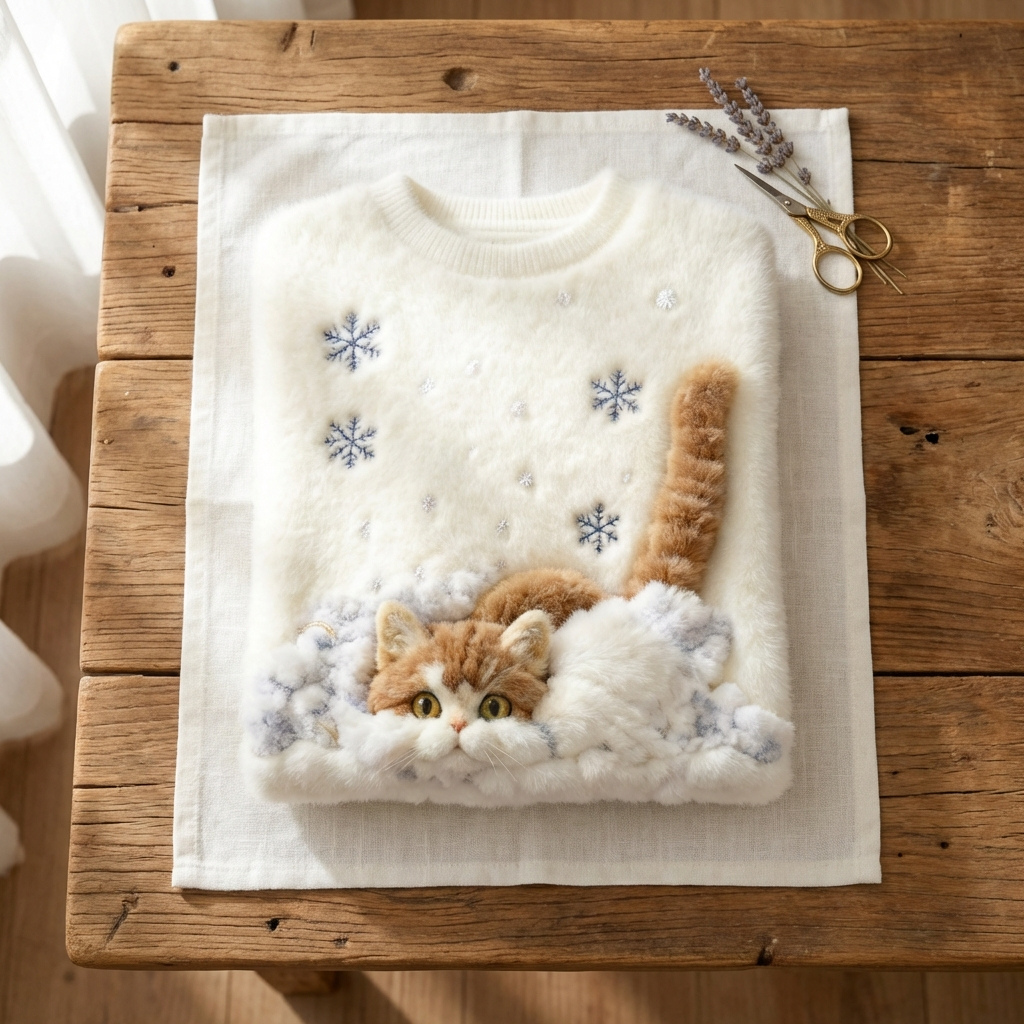 Baumwollpullover Creme mit Katze im Schnee- und Schneeflockendesign
