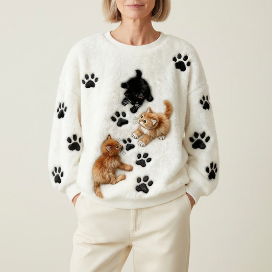 Maglione in cotone color crema con stampa di gatti e zampe