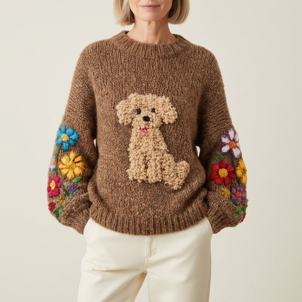 Maglione in cotone marrone con cane riccio e motivo floreale