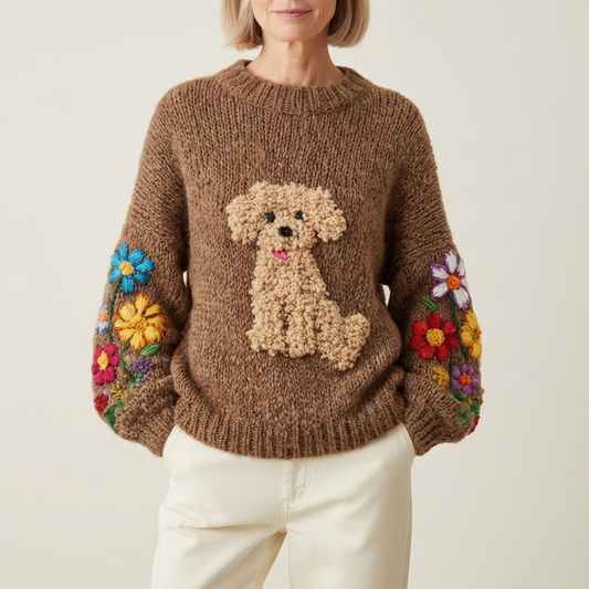 Maglione in cotone marrone con cane riccio e motivo floreale