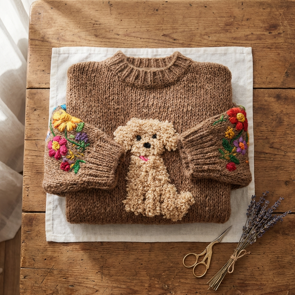 Jersey De Algodón Marrón Con Perro Rizado Y Estampado De Flores