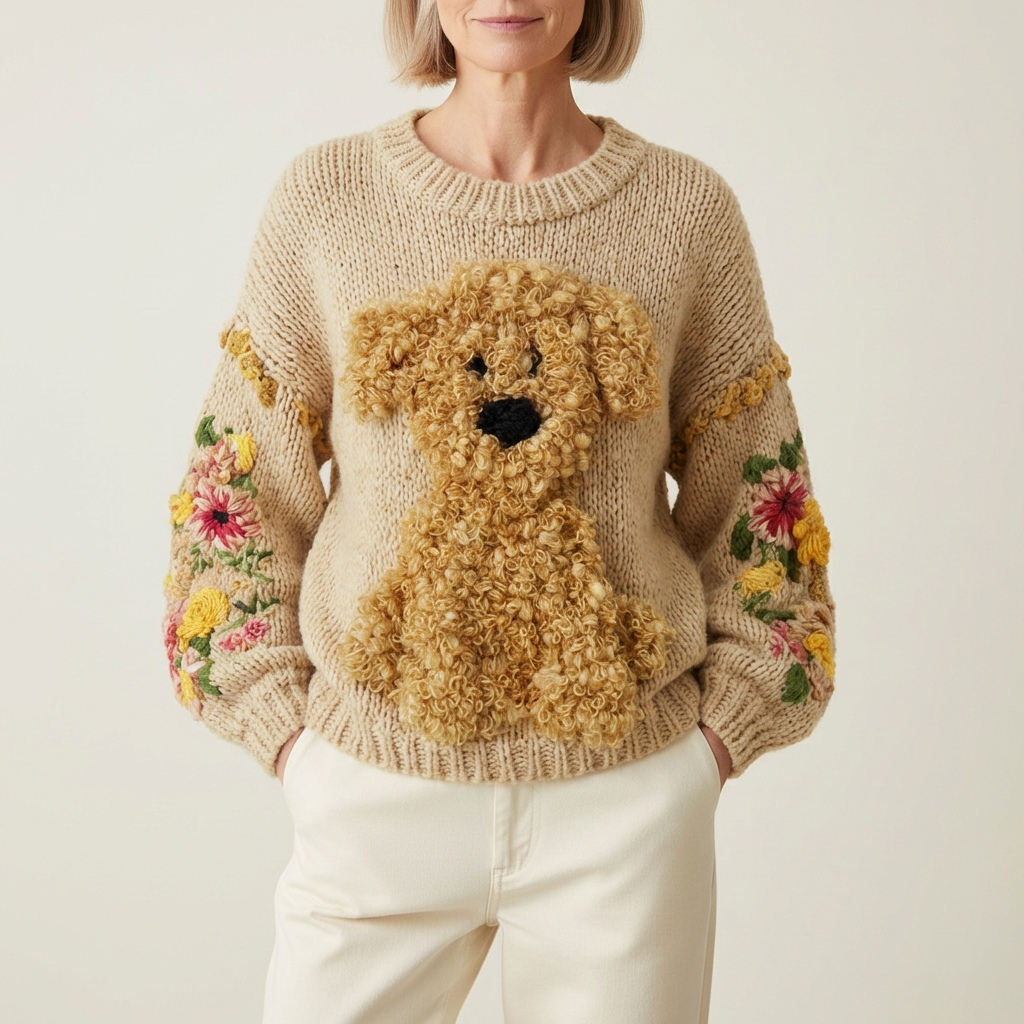 Baumwollpullover Creme mit lockigem Hund und Blumenmuster