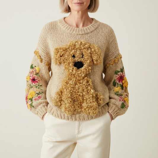 Baumwollpullover Creme mit lockigem Hund und Blumenmuster