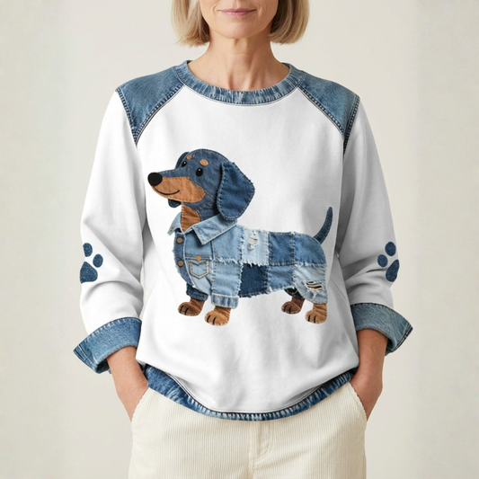 Baumwollpullover Creme mit Dackel im Denim-Design