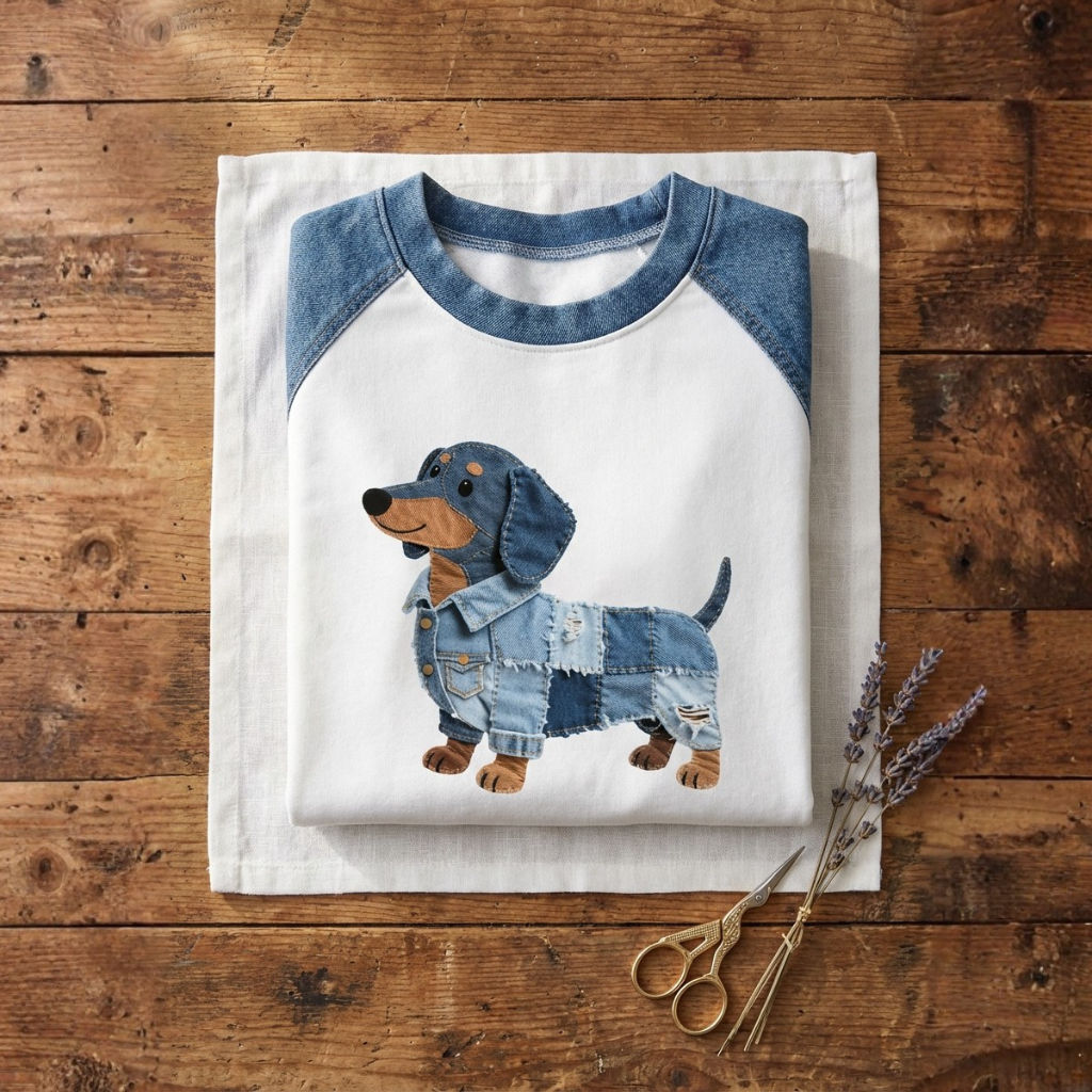 Jersey De Algodón Crema Con Diseño De Perro Salchicha En Denim