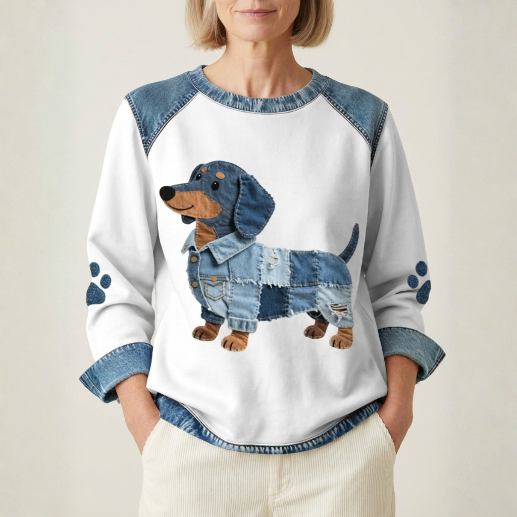 Pull en coton crème avec teckel en denim