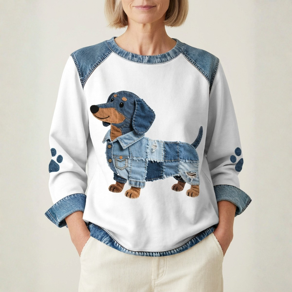 Jersey De Algodón Crema Con Diseño De Perro Salchicha En Denim