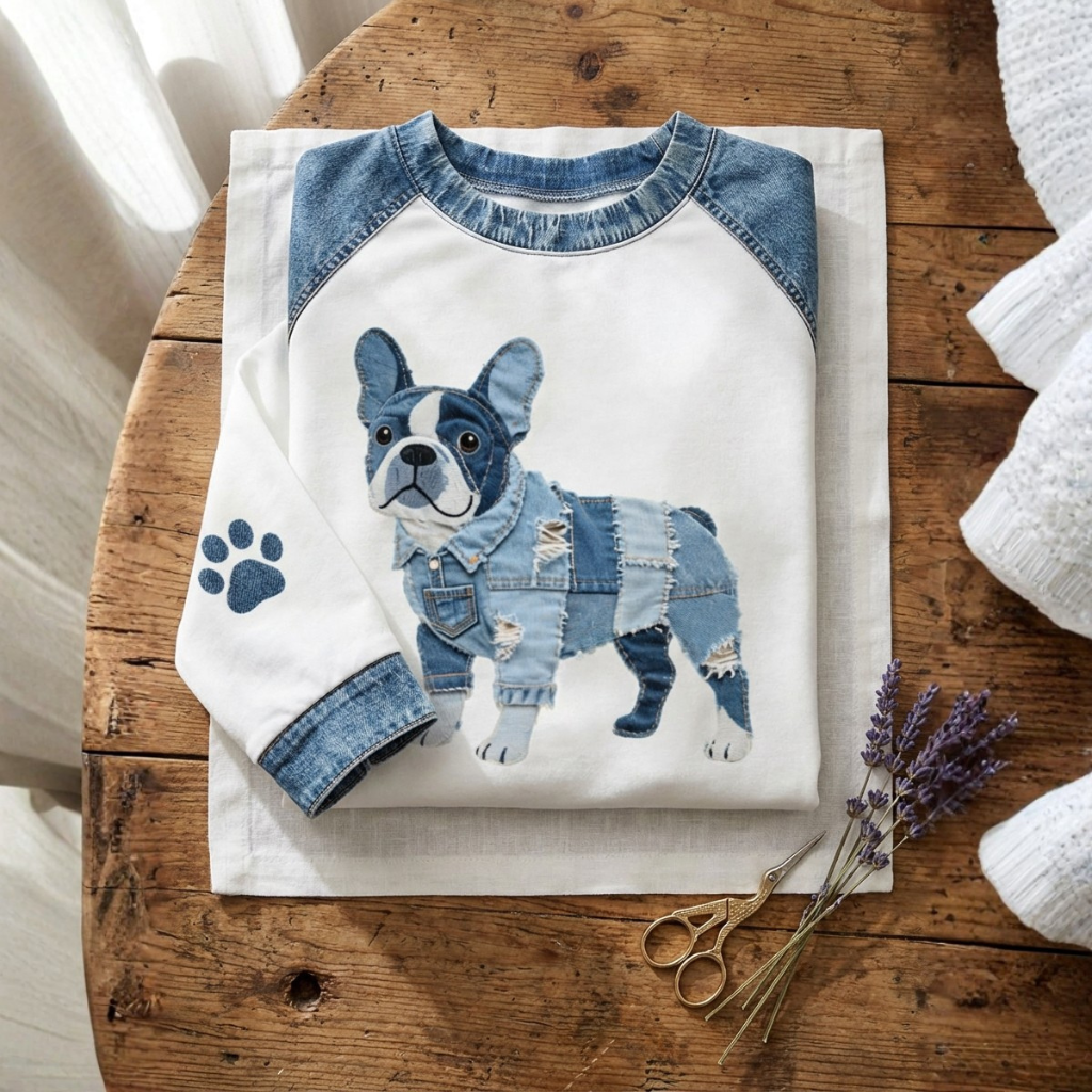 Katoenen Trui Crème Met Franse Bulldog In Denim Design