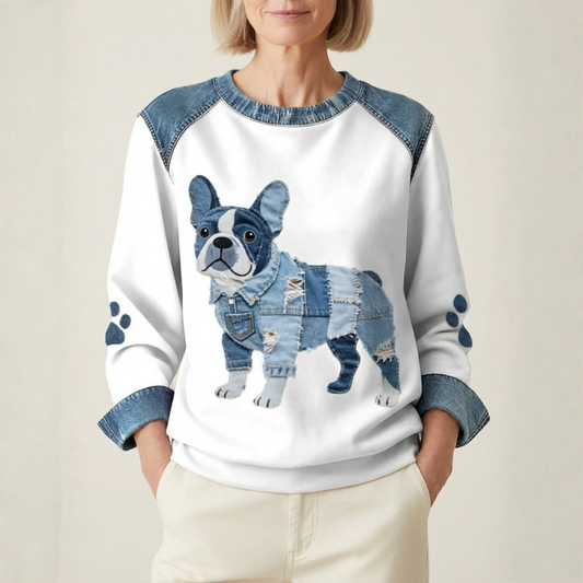 Maglione in cotone color crema con Bulldog francese in design denim