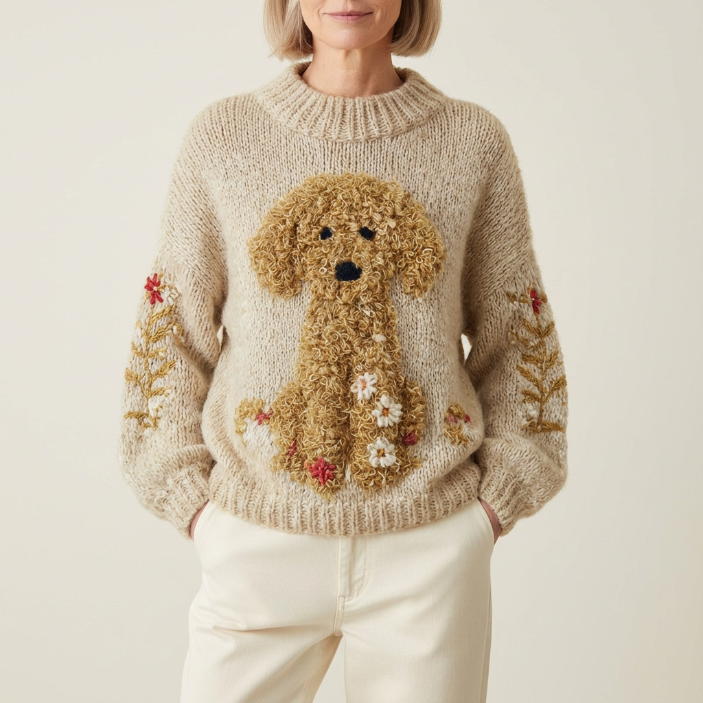 Baumwollpullover Creme mit Goldendoodle- und Blumenmuster