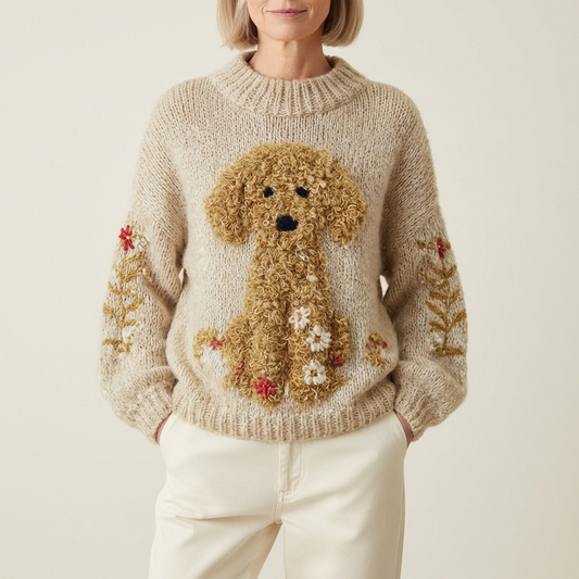 Maglione Di Cotone Crema Con Goldendoodle E Motivo Floreale