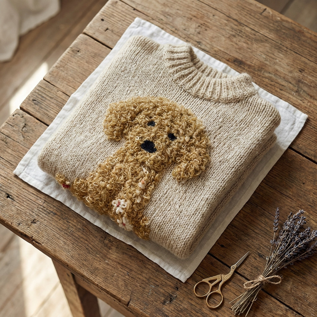 Baumwollpullover Creme mit Goldendoodle- und Blumenmuster