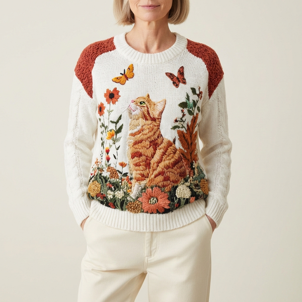 Pull en coton crème avec motif chat orange et fleur papillon