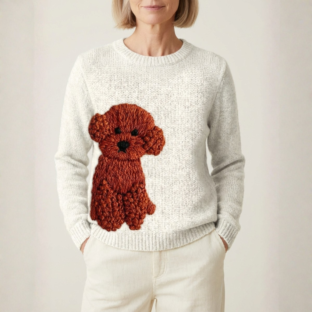 Baumwollpullover Creme mit rotem Pudel-Design