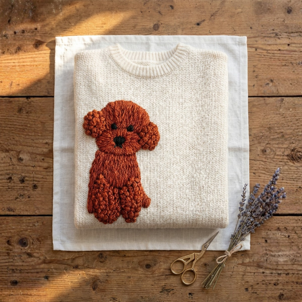 Baumwollpullover Creme mit rotem Pudel-Design