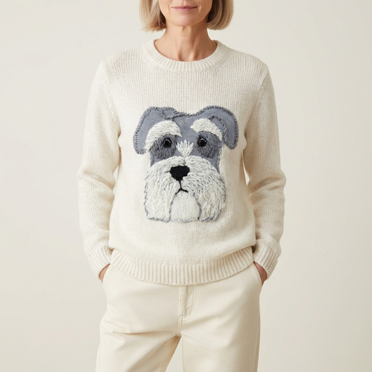 Maglione In Cotone Crema Con Disegno Schnauzer