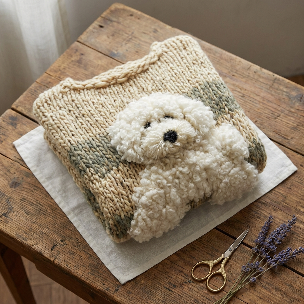 Maglione In Cotone Crema Con Disegno Barboncino A Righe