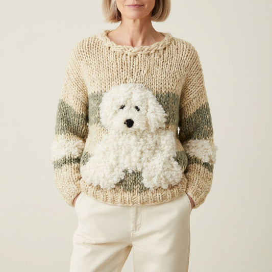 Maglione In Cotone Crema Con Disegno Barboncino A Righe