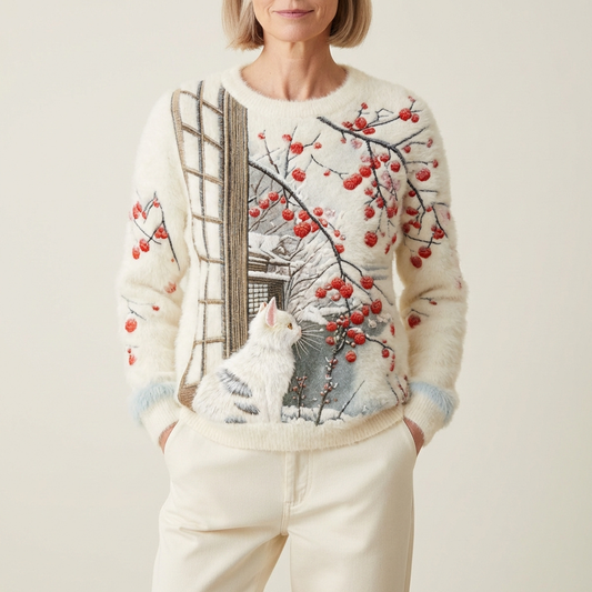 Maglione in cotone color crema con disegno di gatto bianco e ramo di bacche