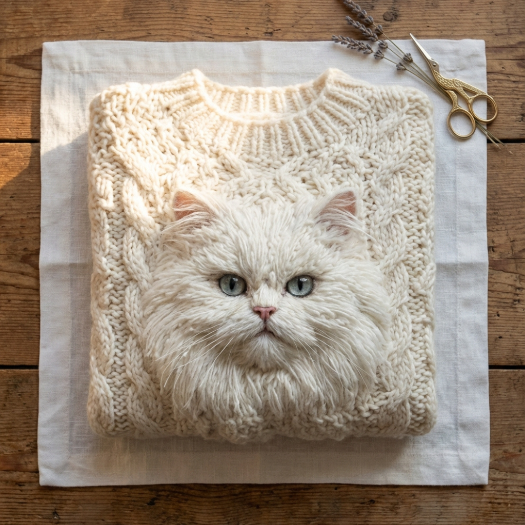 Baumwollpullover Creme mit weißem Katzengesichtsdesign