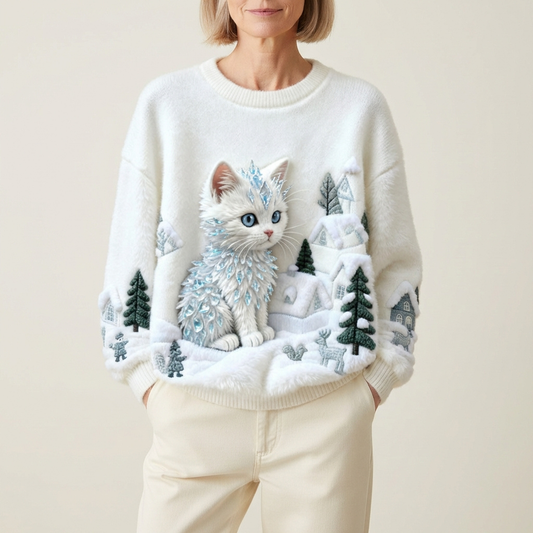 Maglione Di Cotone Crema Con Disegno Di Paesaggio Invernale Di Gatto Bianco