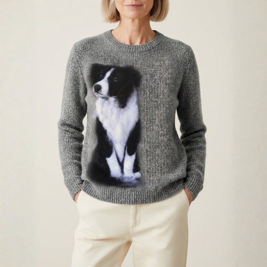 Grauer Baumwollpullover mit Border-Collie-Motiv