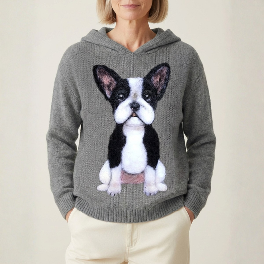 Grauer Baumwollpullover mit Boston Terrier-Motiv