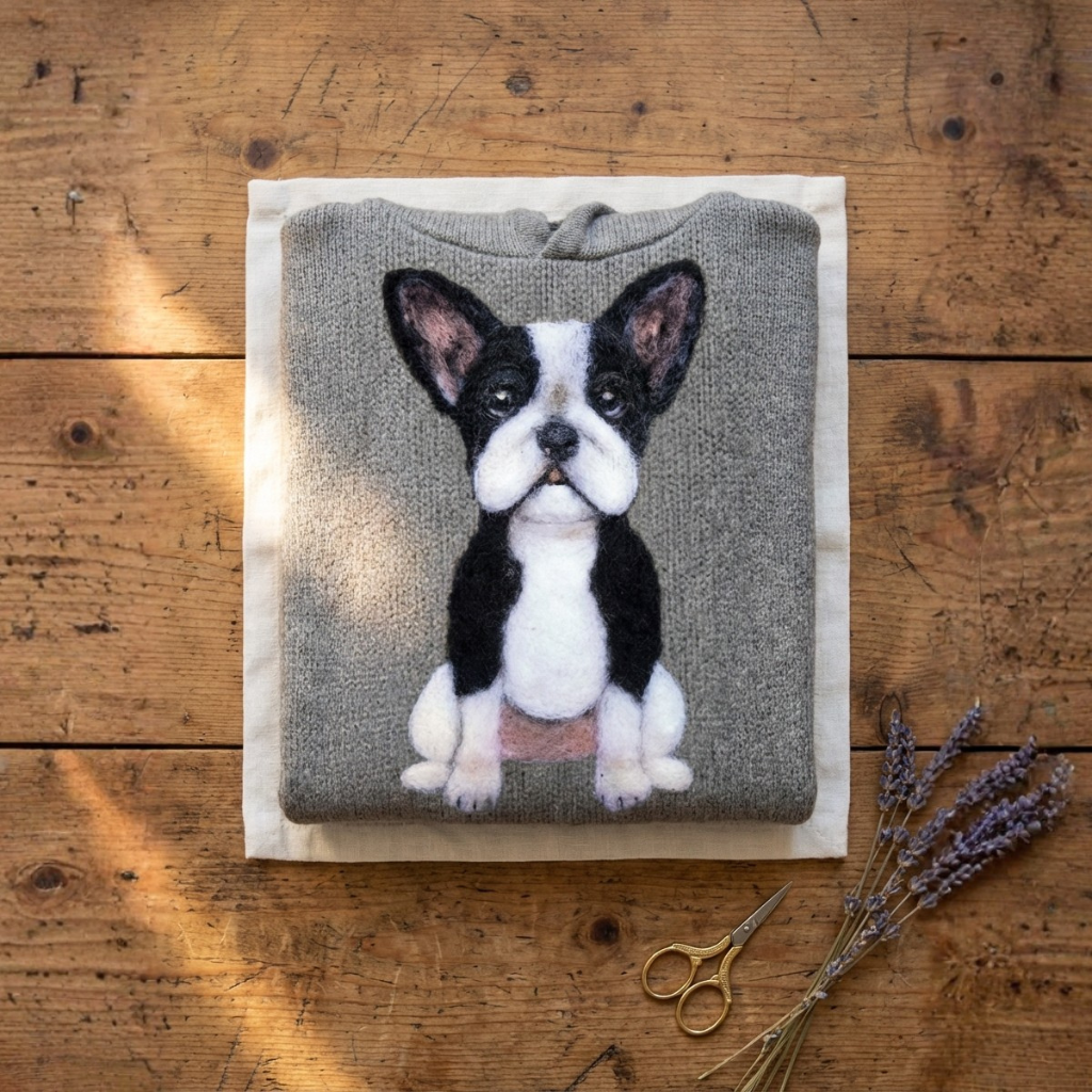 Maglione In Cotone Grigio Con Disegno Boston Terrier