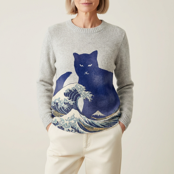Pull en coton gris avec motif chat et vague océan
